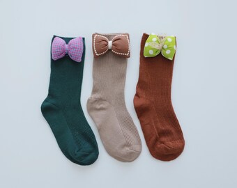 3 Pairs Girl Bow Socks, Toddler Girl Socks, Mid Calf Socks, Party, Wedding, Flower girl, Girl Gift, Birthday Gift