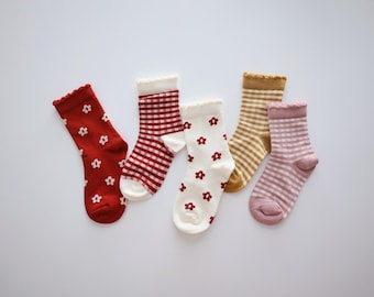 5 Pack Girl Socks, Floral Socks, Red Pink Socks, Checker Socks, Comfortable Socks, Gift for girls