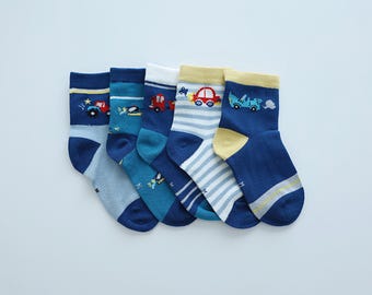5 Pack Boy Cartoon Vehicle Socks, Graphic Socks, Strip Socks, Comfortable Socks, Gift for boys, Car Socks, Toddler Boy Socks, Funky Socks