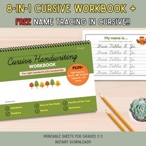 May include: A green cursive handwriting workbook with a spiral binding, featuring the text "8-IN-1 CURSIVE WORKBOOK + FREE NAME TRACING IN CURSIVE!!" and "Cursive Handwriting WORKBOOK". Includes a practice sheet, pencils, and a small succulent.