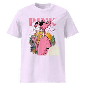 Pink Panther Bubble Tea T-Shirt: Tropical Sunset Cartoon