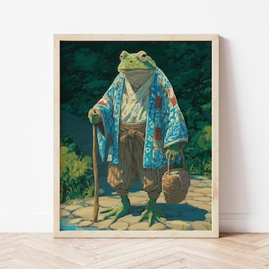 Frog in Patchwork Jacket - Japanese Anthropomorphic Animal Art - Cozy Bedroom Poster Print