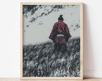The Ronin - Lone Samurai In Red - Minimalist Charcoal Art Print
