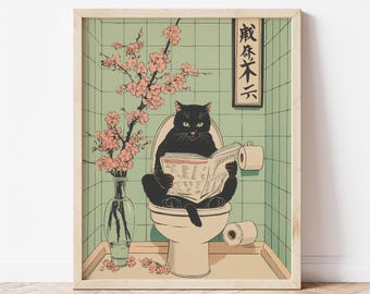 Cat On Toilet Art - Funny Bathroom Decor - Japanese Style Animal Poster