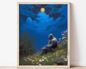 Moonlit Knight in Flowers Poster - Medieval Nature Art - Dark Fantasy Print