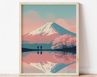 Mount Fuji Art - Lakeside Cherry Blossom Poster - Minimalist Nature Print
