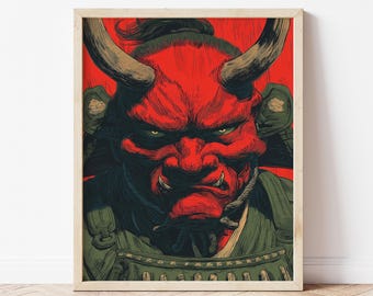 Red Oni Samurai Poster - Japanese Demon Wall Art - Yokai Warrior Print