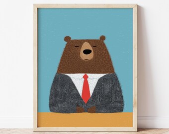 Office Bear Print - Brown Grizzly Bear In Suit Poster - Funny Animal Art