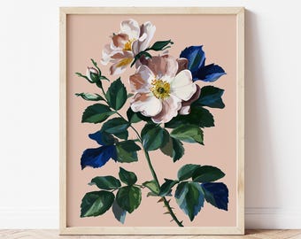Wild Rose Botanical Print - Modern Floral Illustration on Blush Pink - Romantic Wildflower Wall Decor