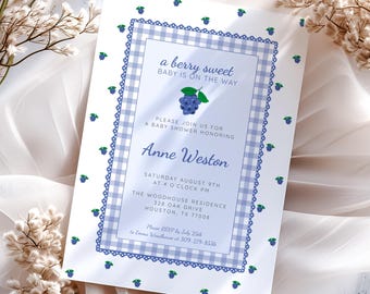Blueberry Baby Shower Invite, Editable Berry Sweet Baby Shower Invite, Blue Gingham Invite, Fruits Baby Shower, Boys Baby Shower, Canva
