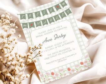 May include: A bridal shower invitation with a gingham pattern background and floral accents. The text reads "Fresh Market" and invites guests to celebrate Anne Shirley's bridal shower on August 24th at 1 o'clock in the afternoon.