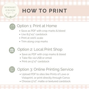 May include: A guide titled "HOW TO PRINT" with three printing options: at home, local print shop, and online. Instructions include saving as a PDF, using 21.6 x 27.9 cm cardstock, and printing at 100% scale.