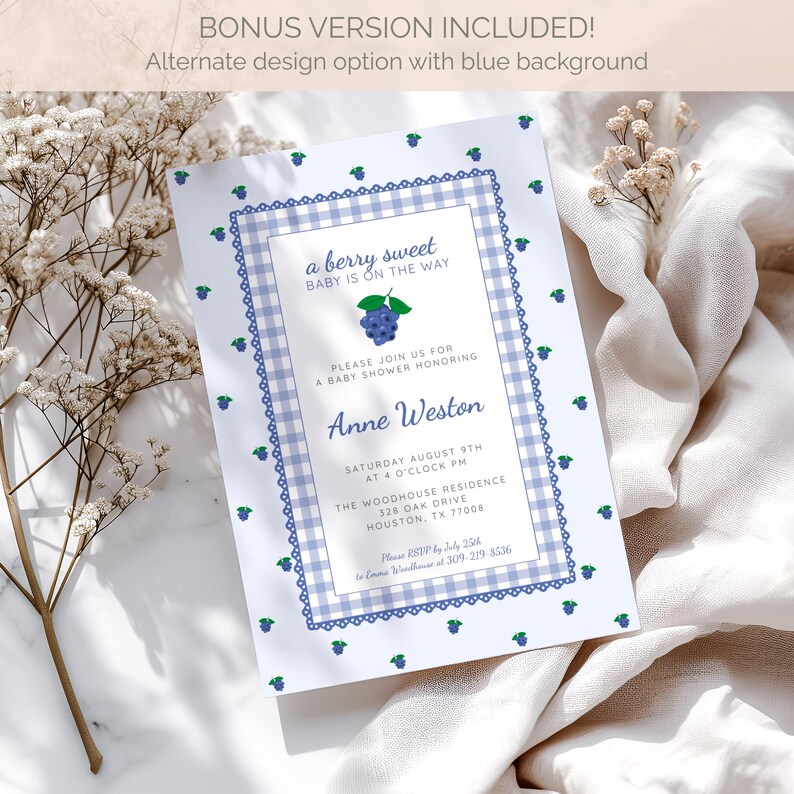 May include: Baby shower invitation featuring a blue and white gingham border and a central panel. The text reads "a berry sweet BABY IS ON THE WAY" with a blueberry illustration. Additional text includes the name "Anne Weston" and event details.