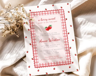 Strawberry Baby Shower Invitation: Red Gingham, Cottagecore (Editable Canva Template)