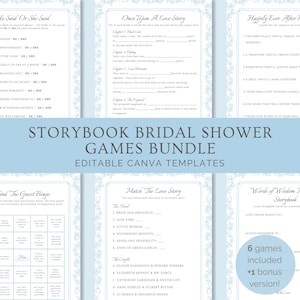 May include: A light blue Storybook Bridal Shower Games Bundle with editable Canva templates. The bundle includes six games and one bonus version. The games include "He Said or She Said", "Once Upon a Love Story", and "Match the Love Story".