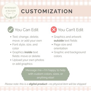 May include: A digital product customisation guide with the text "CUSTOMISATION". It details editable and non-editable features, such as text, font, graphics, and photos. The image has a soft, pastel colour scheme with a gingham pattern.
