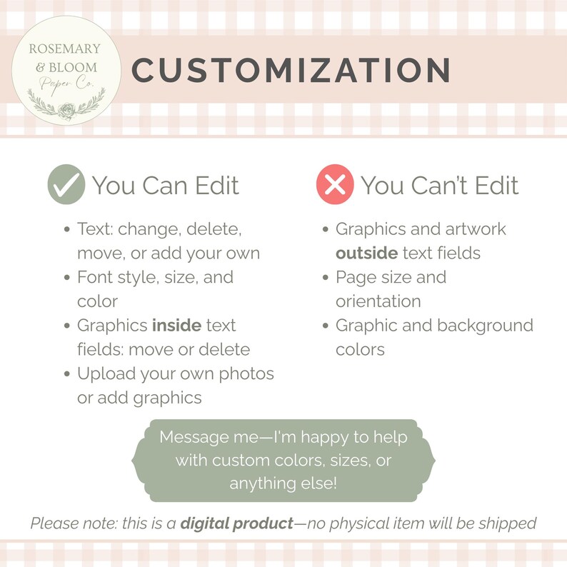 May include: A digital product customisation guide with the text "CUSTOMISATION". It details editable and non-editable features, such as text, font, graphics, and photos. The image has a soft, pastel colour scheme with a gingham pattern.