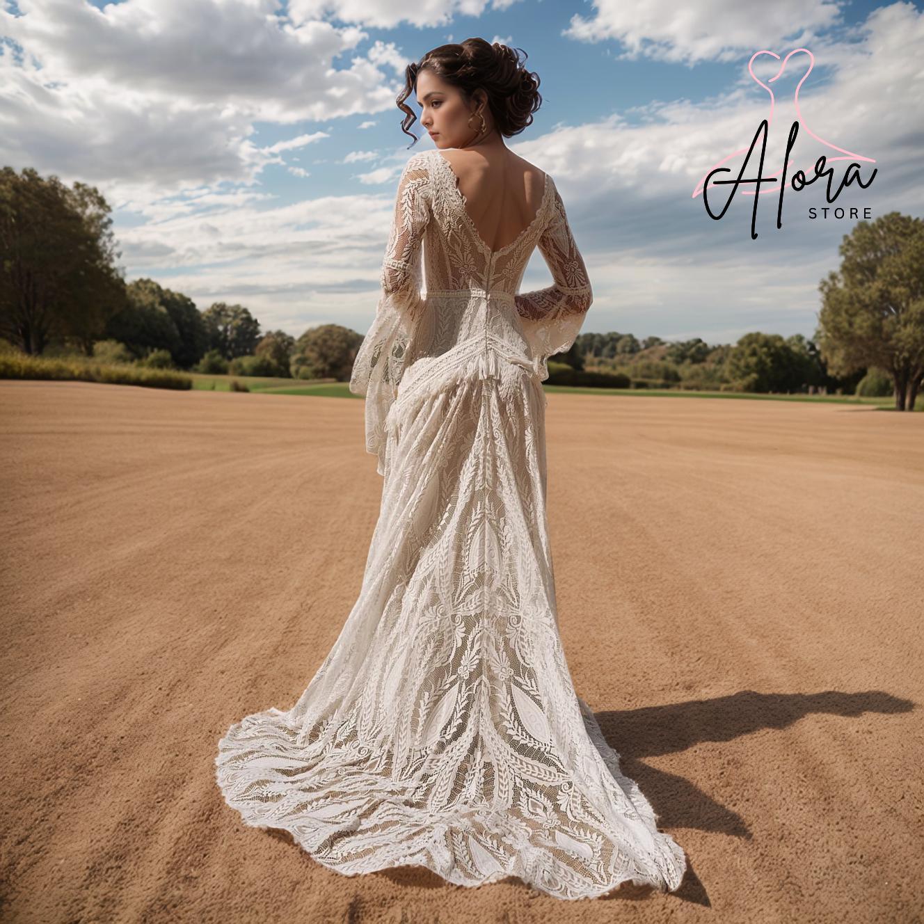 Boho Lace Bell Sleeve Wedding Dress with V-Neck and Vintage Train – Romantic Bridal Gown for Outdoor Garden or Rustic Ceremony