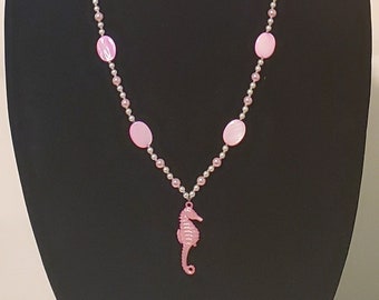 Pink Seahorse Necklace - Pink and White