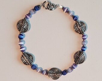 Silver Swirl Bracelet - Multicolor Glass Bracelet - Blue Purple Silver