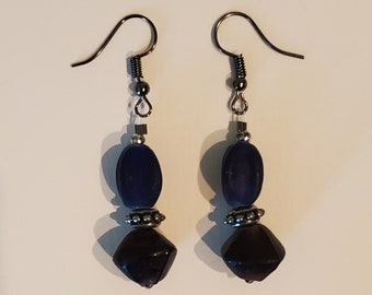 Blue and Purple Glass Earrings - Sea Glass Beads - Purple Blue Silver