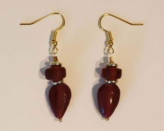 Red Glass Earrings - Sea Glass Beads - Red and Gold - Red Dangles