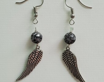 Boucles d’oreilles Black and Silver Wings - Oiseau - Ange - Black Glass