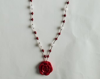 Red Rose Necklace - Red Pink Gold - Flower Rose Pendant