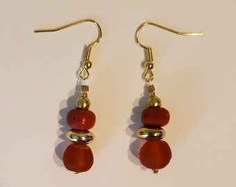 Orange Glass Earrings - Sea Glass Beads - Orange and Gold - Orange Dangles