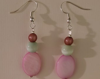 Pink & Green Dangle Earrings - Pink Green Silver - Spring Easter