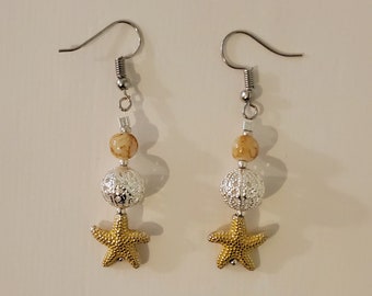 Yellow Starfish Earrings - Yellow and Silver - Glass Metal - Yellow Dangle Drop Earrings