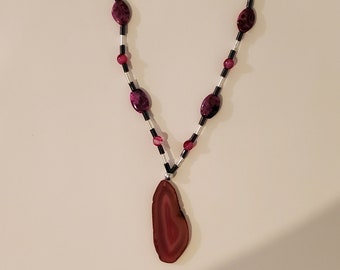 Pink Agate Necklace - Pink Stone - Pink and Silver