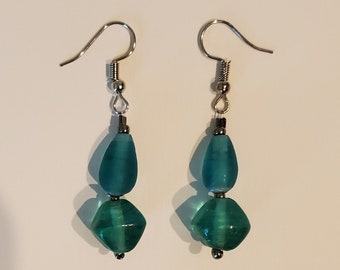 Turquoise Teal Sea Glass Earrings - Teal Turquoise & Silver