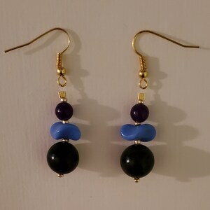 Blue Stone and Glass Beaded Dangle Earrings Blue and Gold image 1