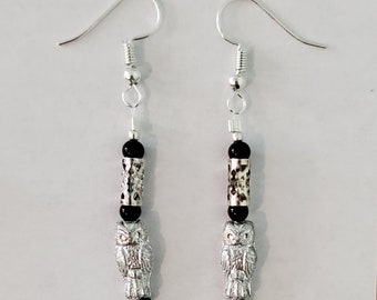 Silver Owl Earrings - Silver and Black - Silver Dangle Drop Earrings