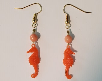 Orange Seahorse Earrings - Orange and Gold