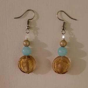 Yellow Glass and Turquoise Glass Beaded Dangle Earrings - Yellow Turquoise Silver