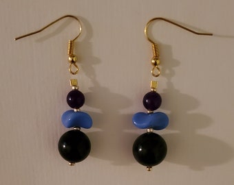 Blue Stone and Glass Beaded Dangle Earrings - Blue and Gold