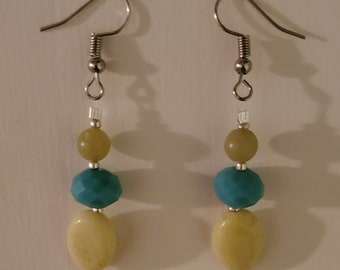 Lime Green and Turquoise Dangle Earrings - Stone and Glass