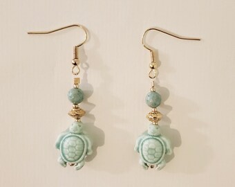 Seafoam Green Turtle Earrings - Green ad Gold - Ceramic & Glass