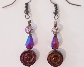 Purple Rose Earrings - Purple Dangle Earrings - Purple and Gold