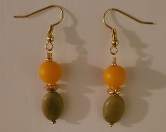 Orange and Green Beaded Dangle earrings - Orange Green Gold