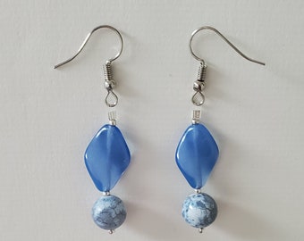 Blue Stone Agate and Vintage Lucite Earrings - Blue and Silver