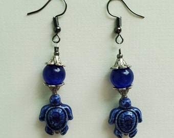 Blue Turtle Earrings - Blue and Silver