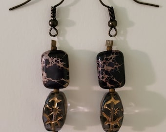 Purple Stone Purple Glass Earrings - Purple Dangles - Purple and Gold