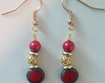 Red Glass Earrings - Red and Gold Earrings