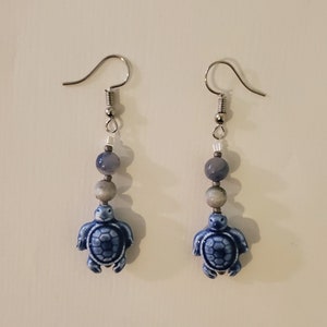 Blue Turtle Earrings - Blue and Silver - Blue Dangle Drop Earrings - Ceramic, Stone