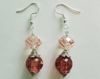 Pink Glass Earrings - Pink and Silver