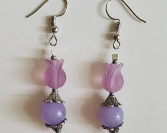 Purple Tulip Earrings - Purple and Silver - Spring