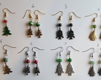 Christmas Tree Earrings - Christmas Dangle Earrings - Red Green Gold Silver (8 Different Styles)